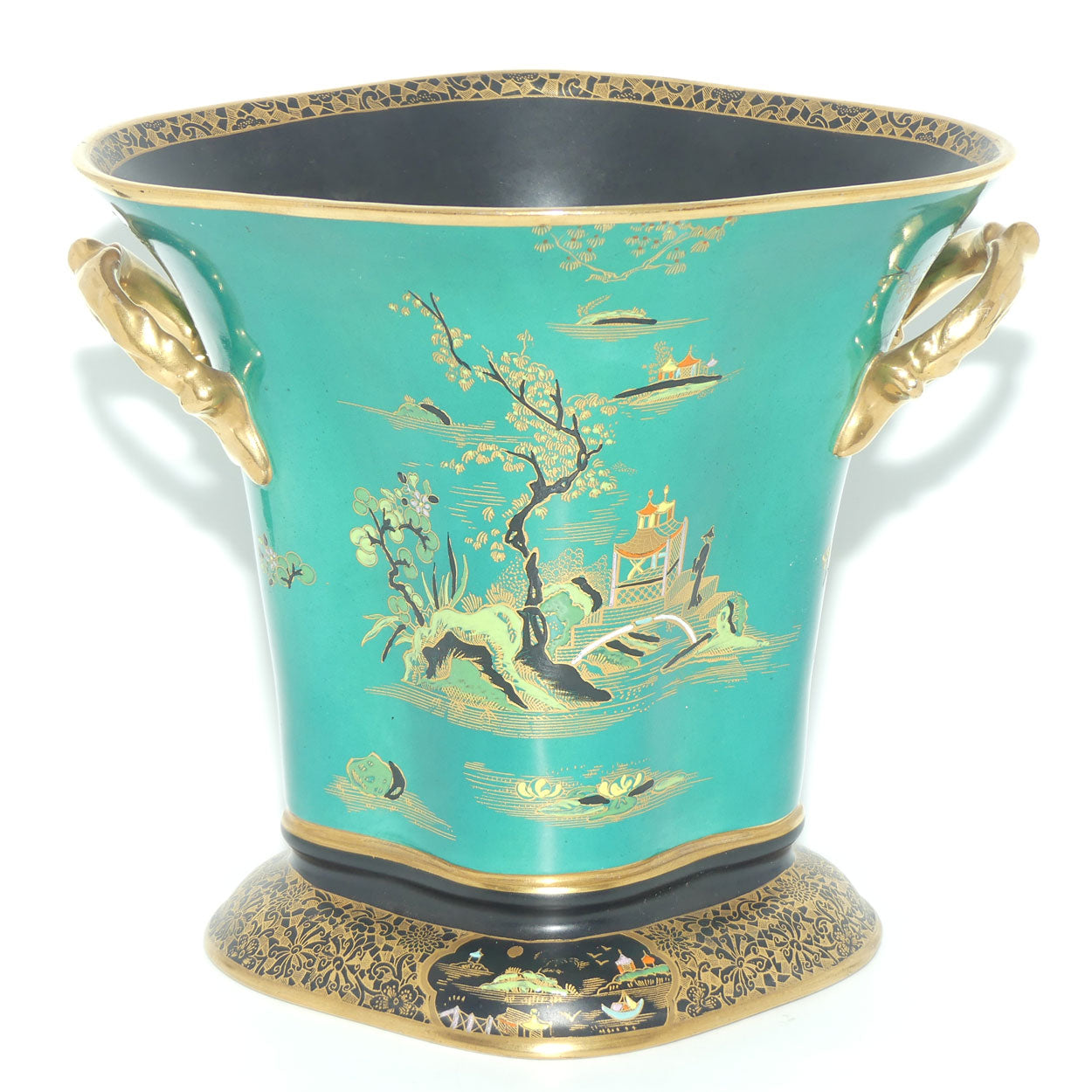 W & R Carlton Ware Temple pattern on Green Ground Don twin handle vase