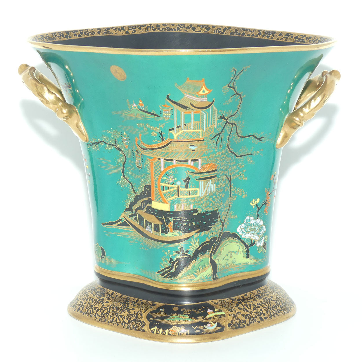 W & R Carlton Ware Temple pattern on Green Ground Don twin handle vase