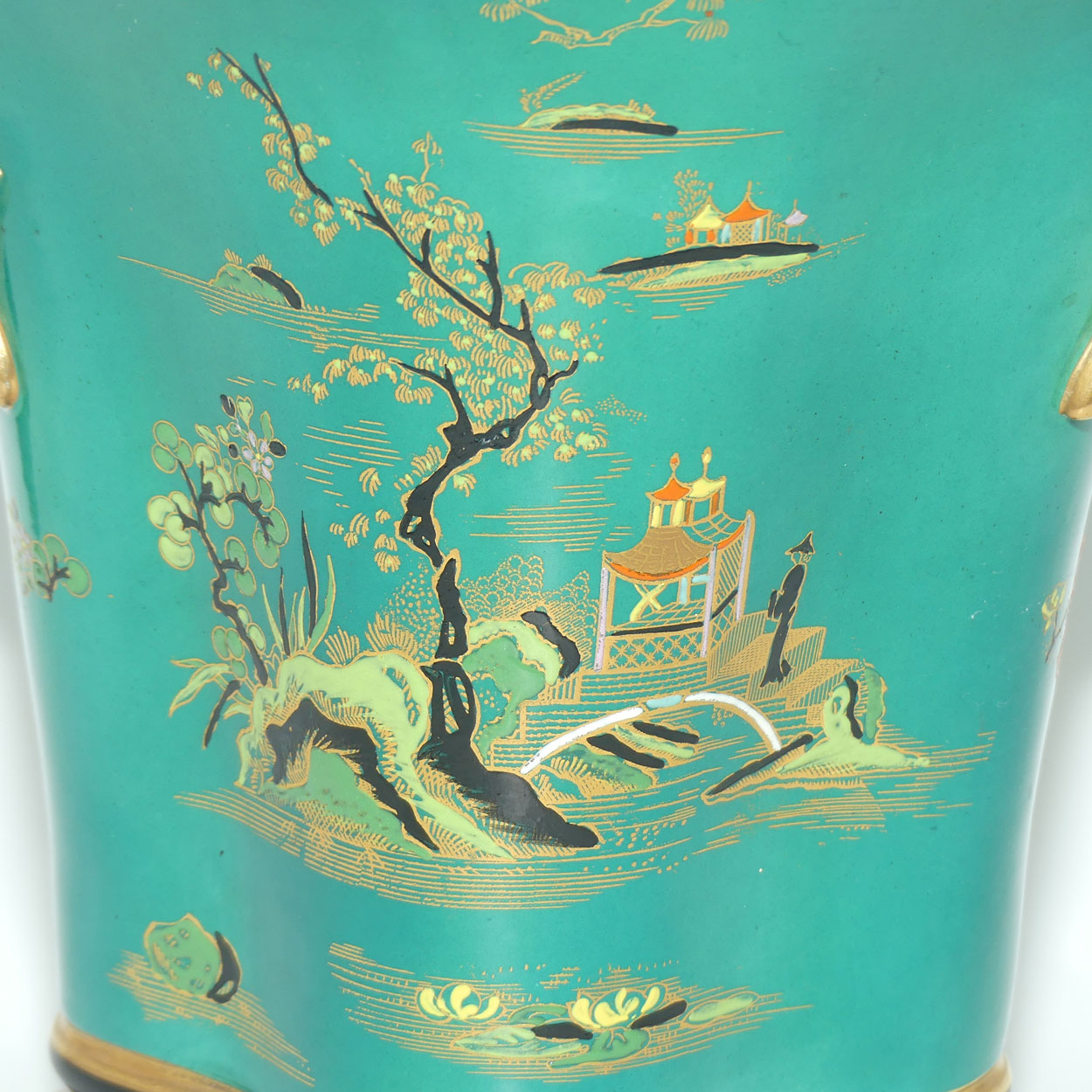 W & R Carlton Ware Temple pattern on Green Ground Don twin handle vase