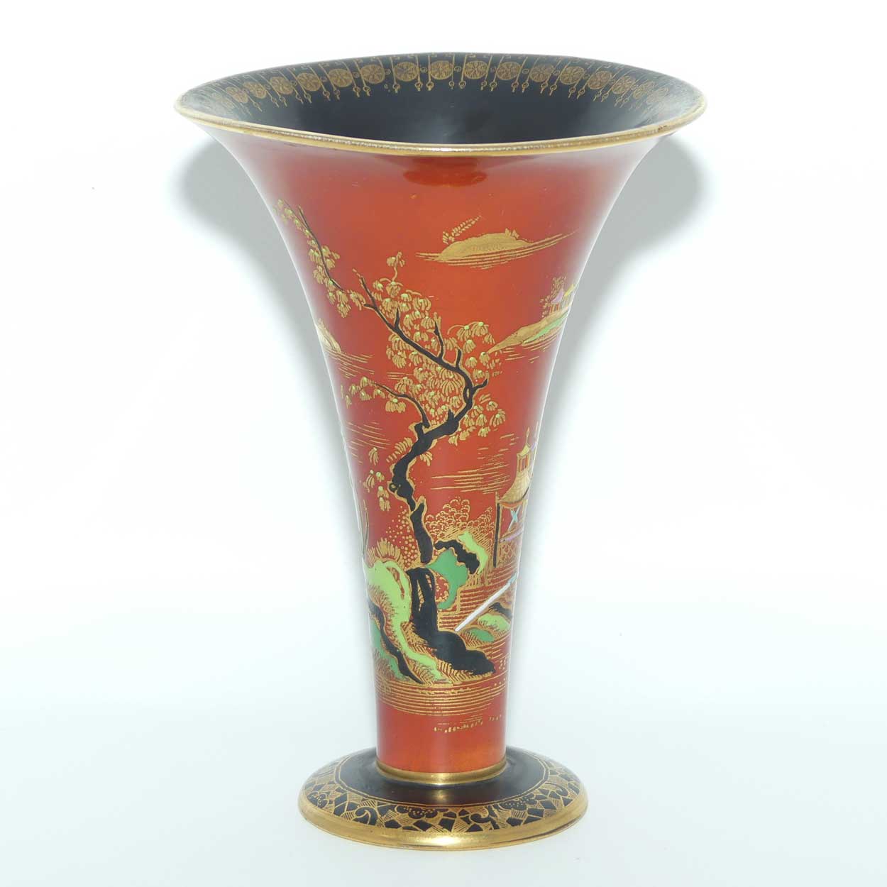 W & R Carlton Ware Temple pattern trumpet vase with Red Orange ground and Black band | Pattern 2880 | 15.5cm tall