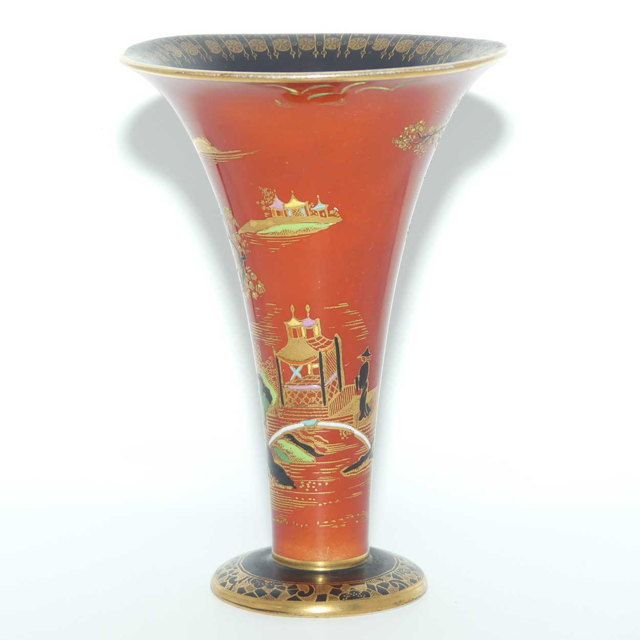 W & R Carlton Ware Temple pattern trumpet vase with Red Orange ground and Black band | Pattern 2880 | 15.5cm tall