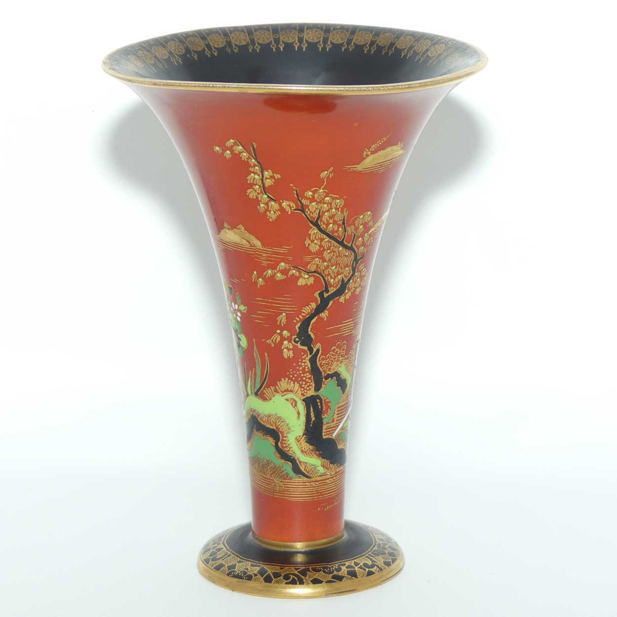 W & R Carlton Ware Temple pattern trumpet vase with Red Orange ground and Black band | Pattern 2880 | 15.5cm tall