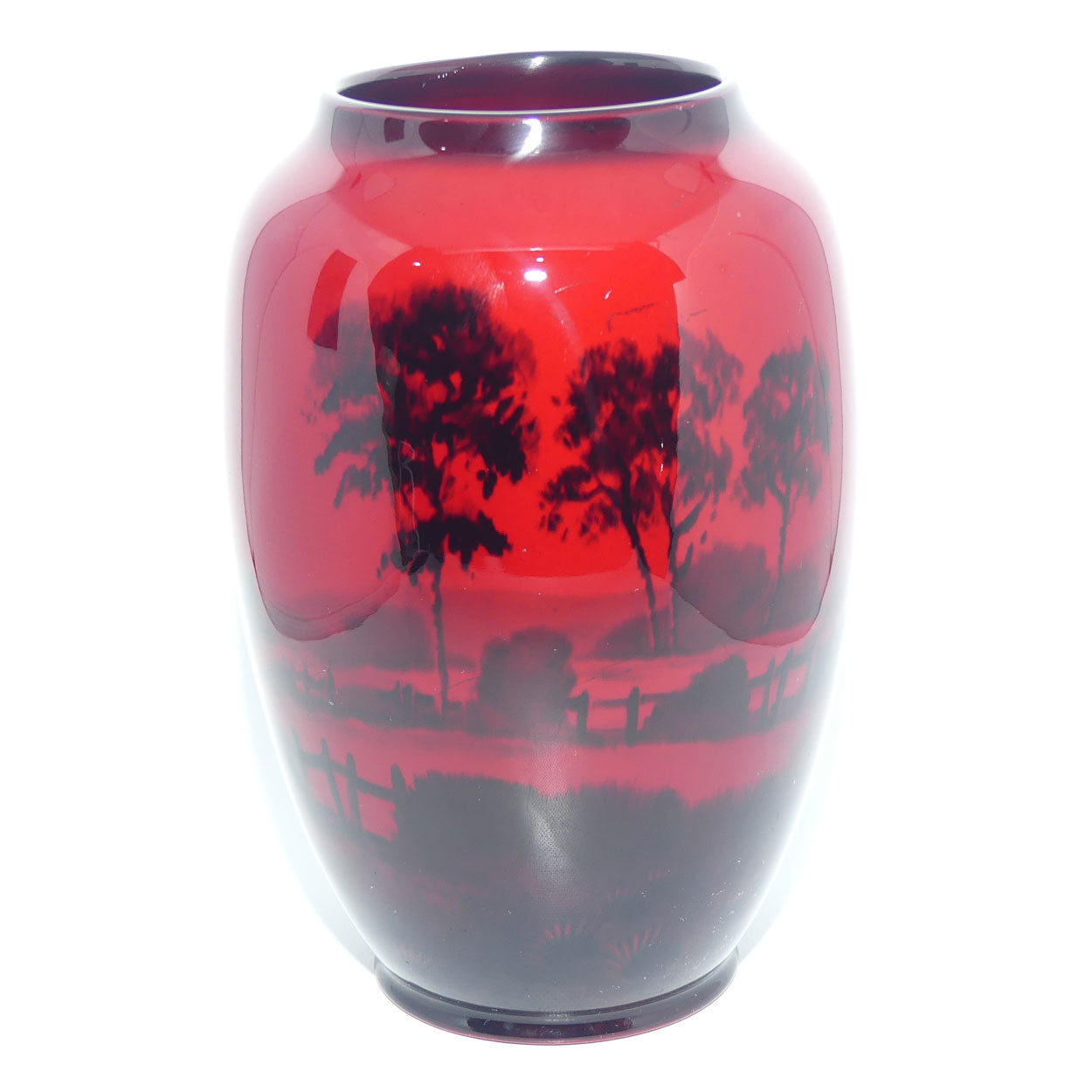 Royal Doulton Flambe ovoid vase | Country Cottages and Lake | signed Fred Moore