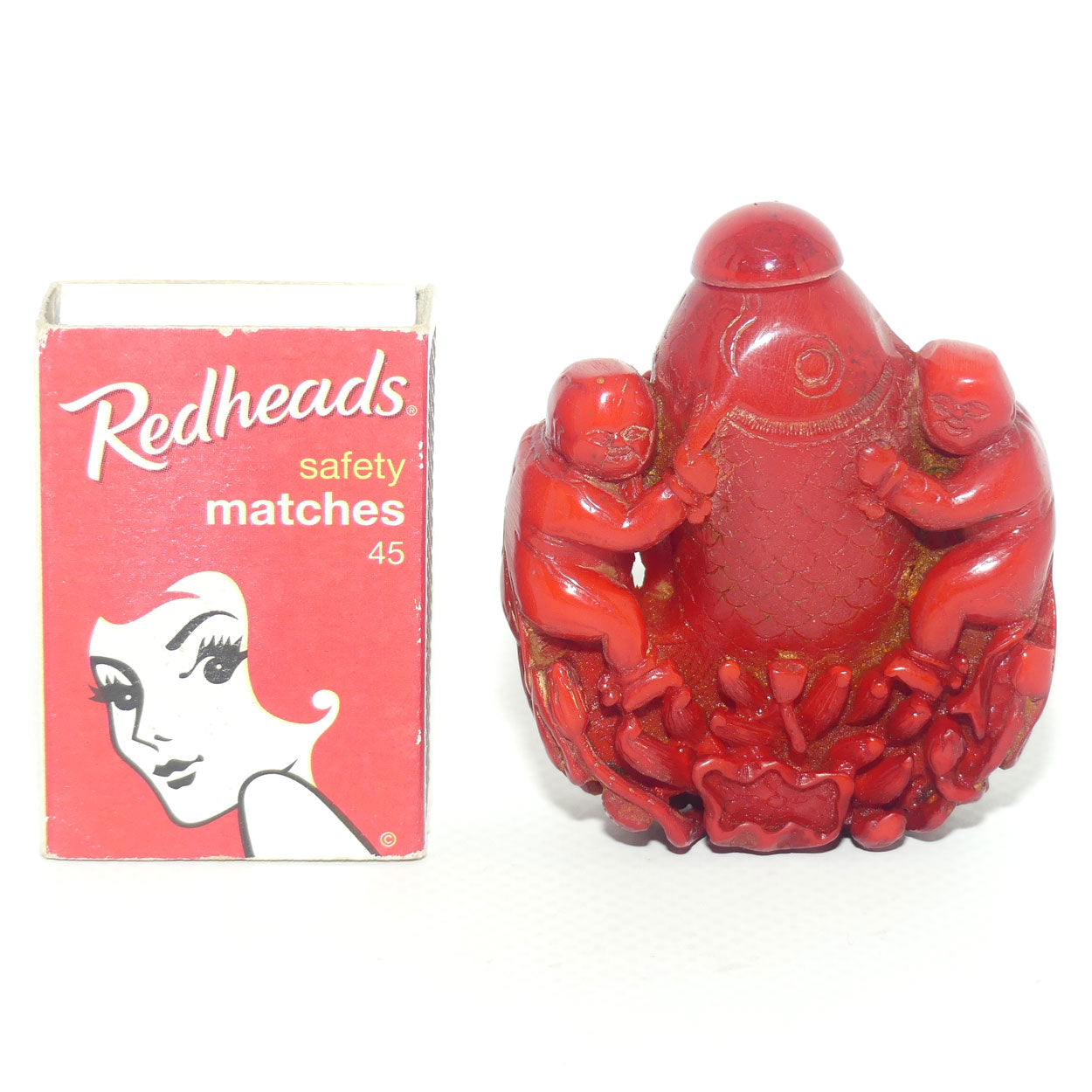 Cinnabar Snuff Bottle | Two Men Posing with a Big Catch
