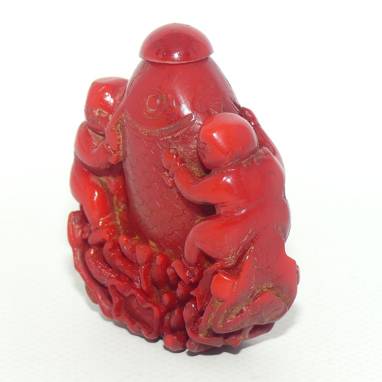 Cinnabar Snuff Bottle | Two Men Posing with a Big Catch