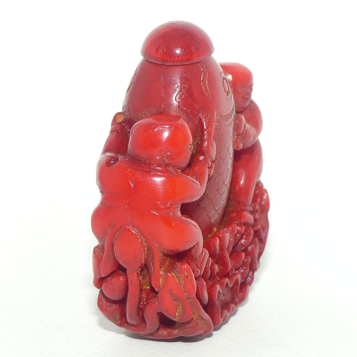 Cinnabar Snuff Bottle | Two Men Posing with a Big Catch
