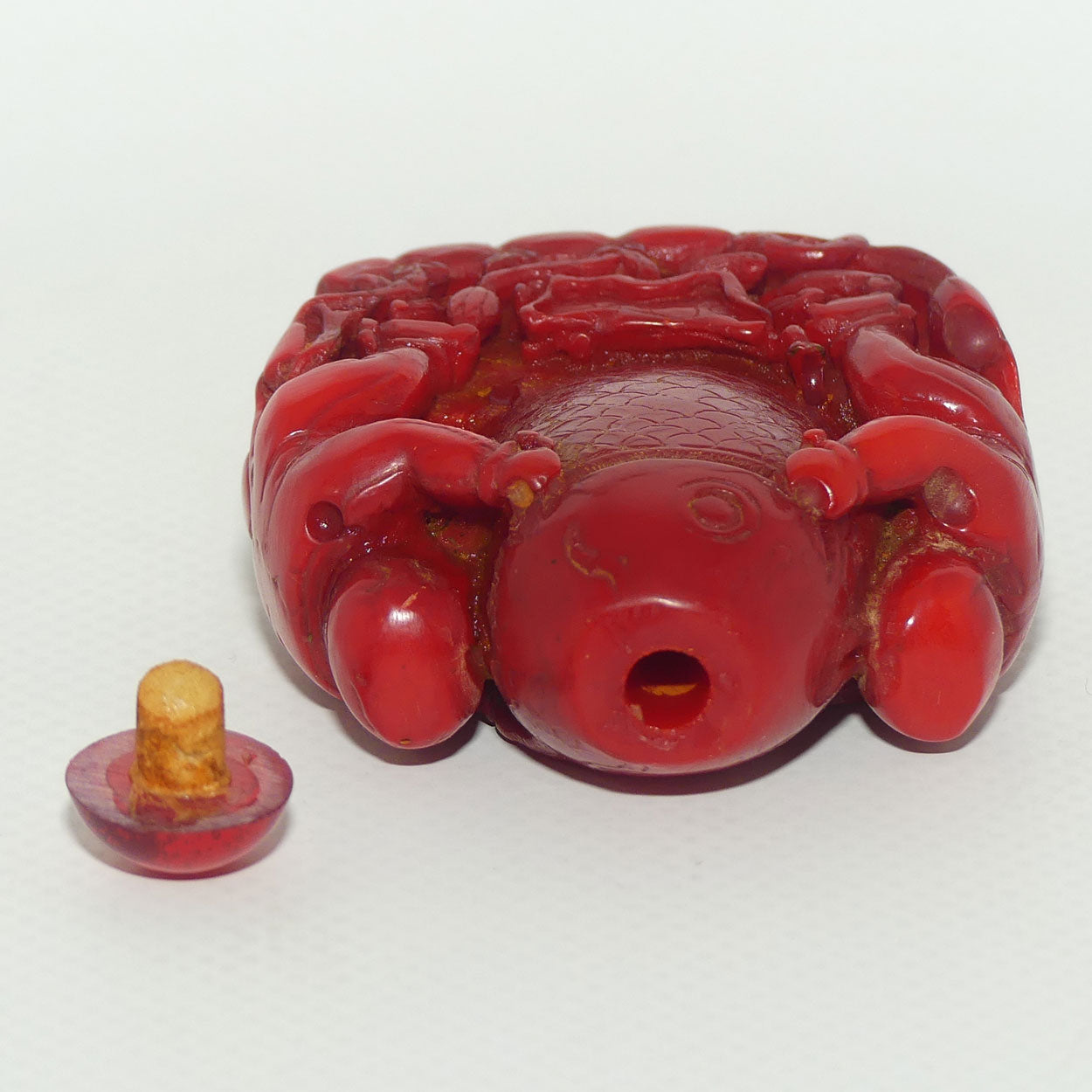 Cinnabar Snuff Bottle | Two Men Posing with a Big Catch