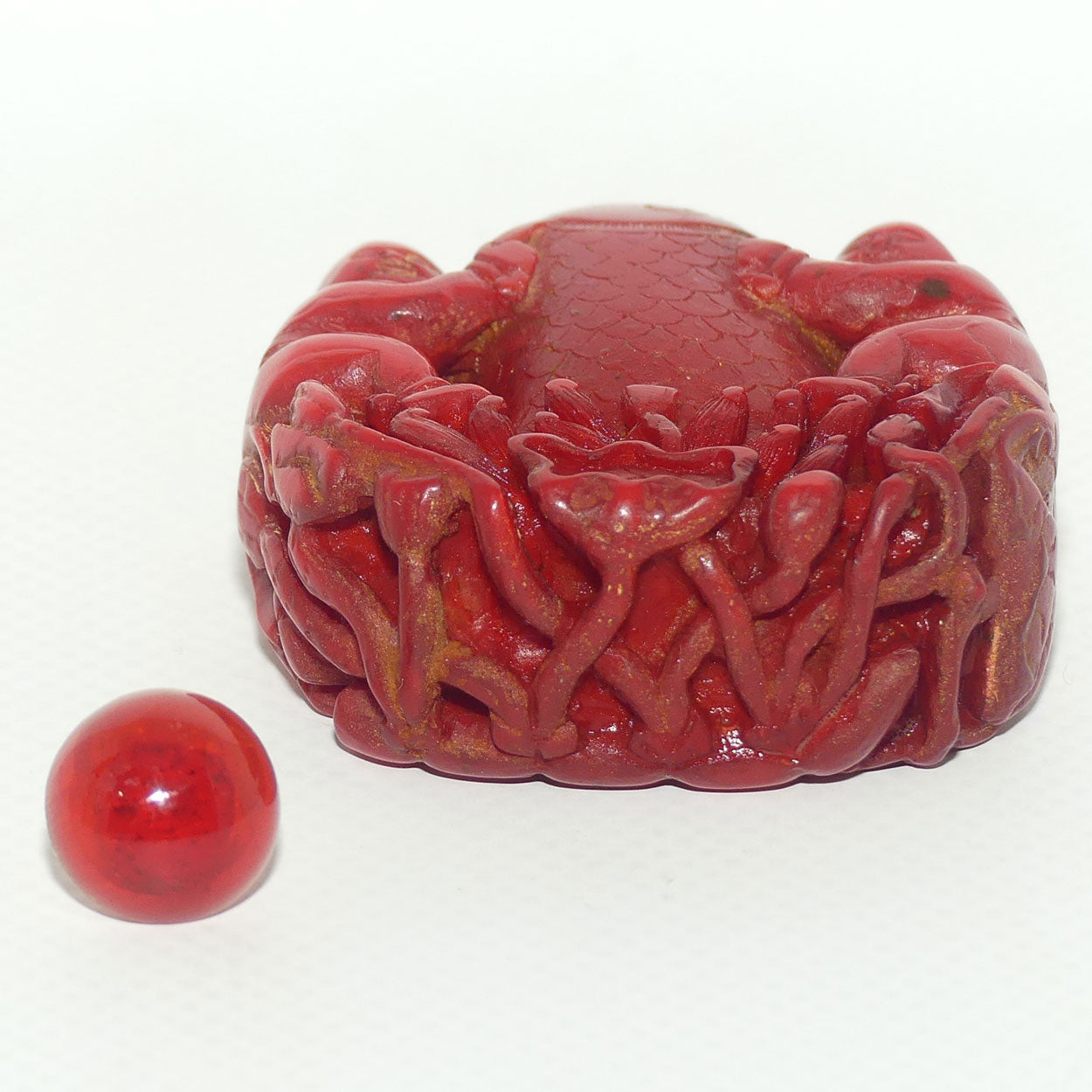 Cinnabar Snuff Bottle | Two Men Posing with a Big Catch