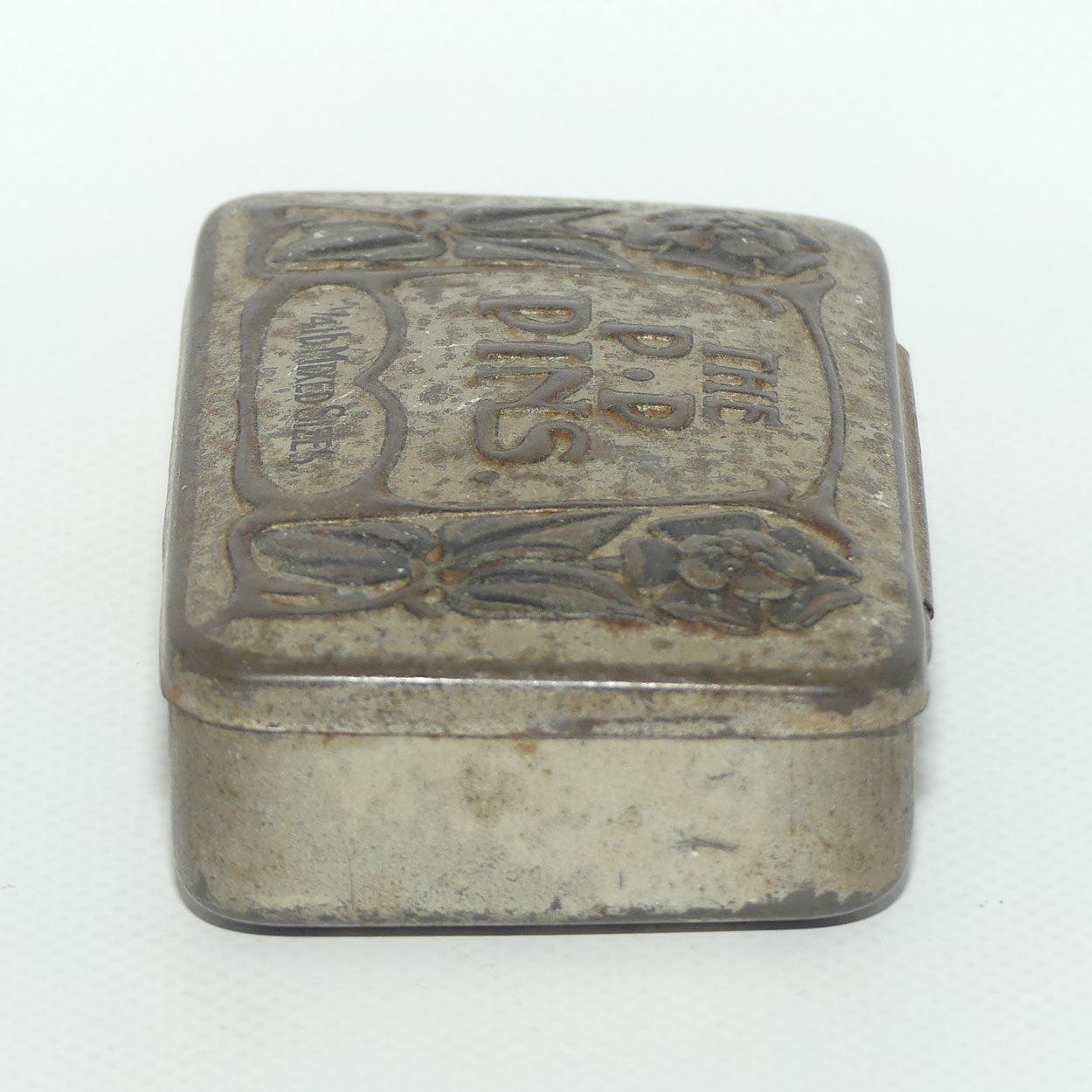 The P.P Pins tin | 1/4 pound | Art Nouveau embossed Tudor Rose design