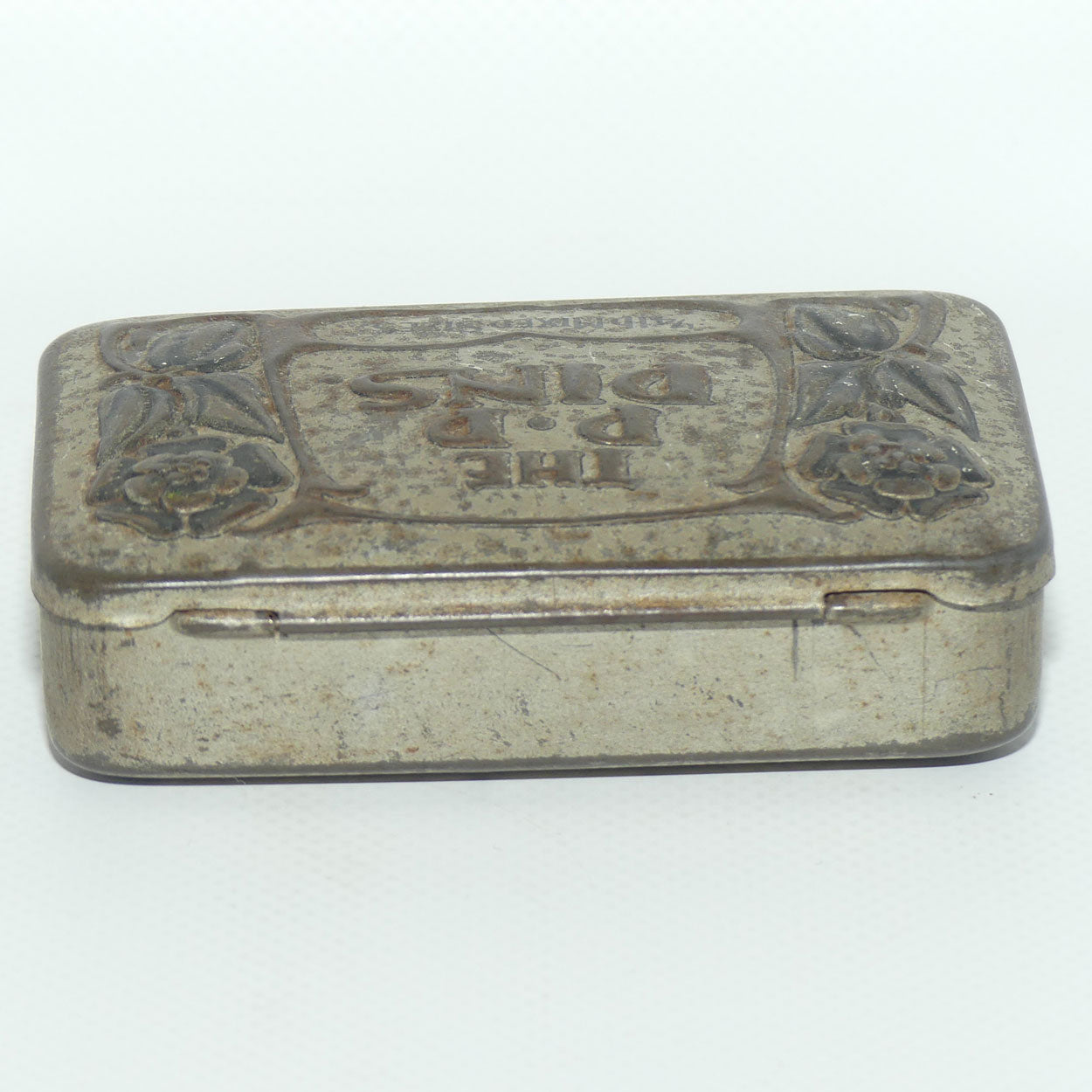 The P.P Pins tin | 1/4 pound | Art Nouveau embossed Tudor Rose design