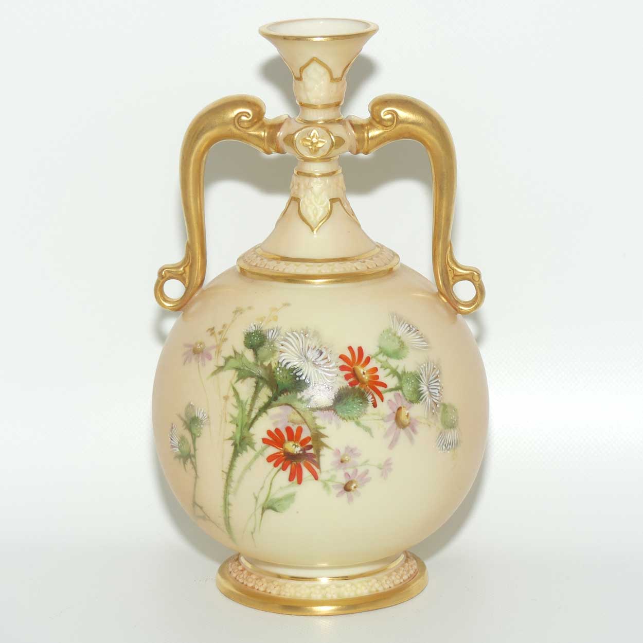 Royal Worcester Blush Ivory hand painted thistle bulbous handled vase
