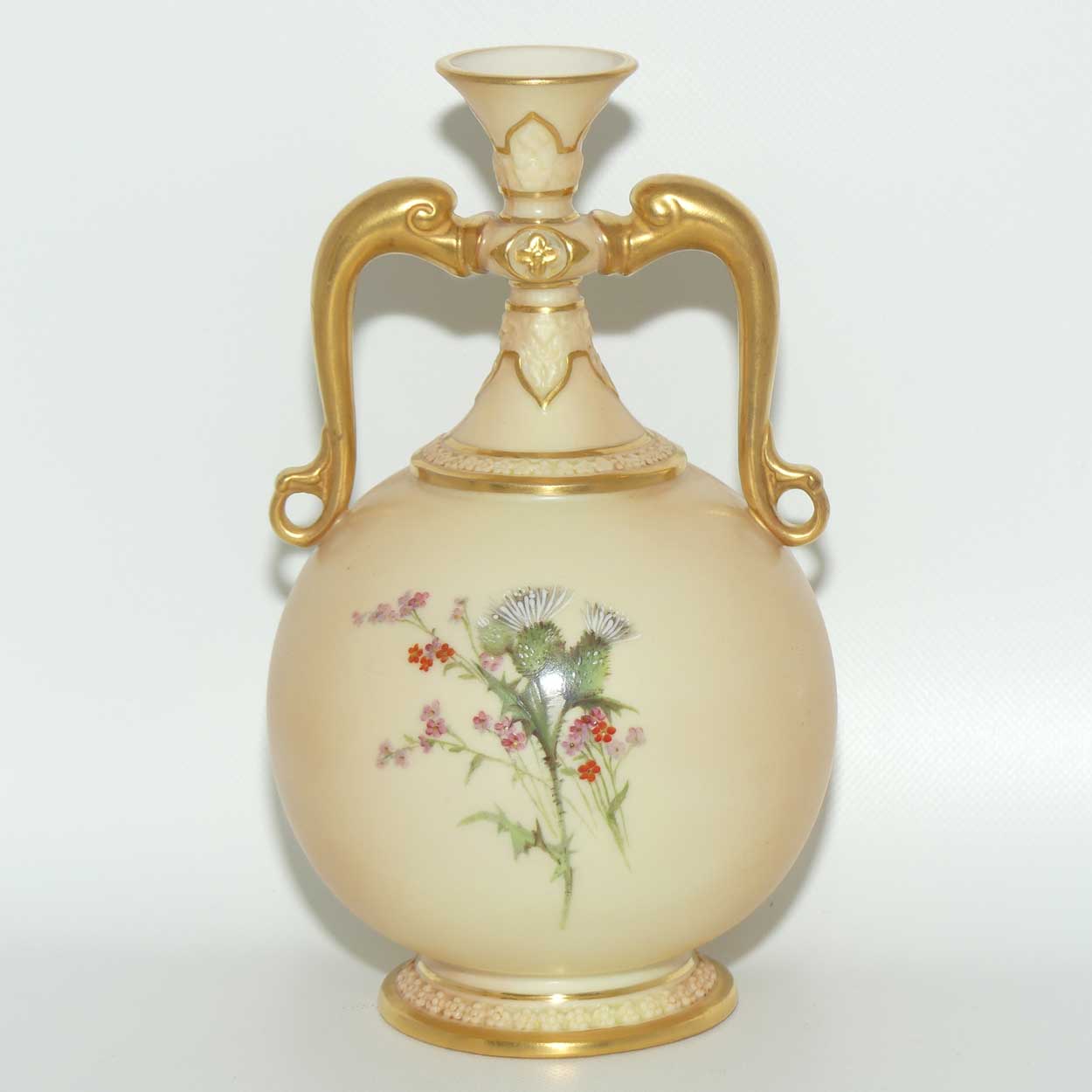 Royal Worcester Blush Ivory hand painted thistle bulbous handled vase