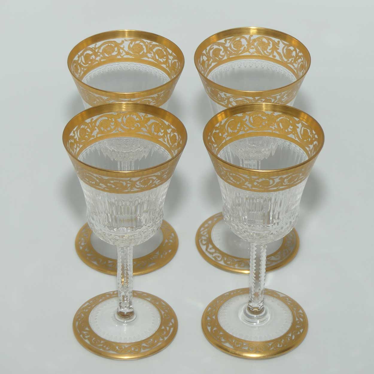 St Louis Crystal France set of 4 Thistle Glasses | Gilt Open Border