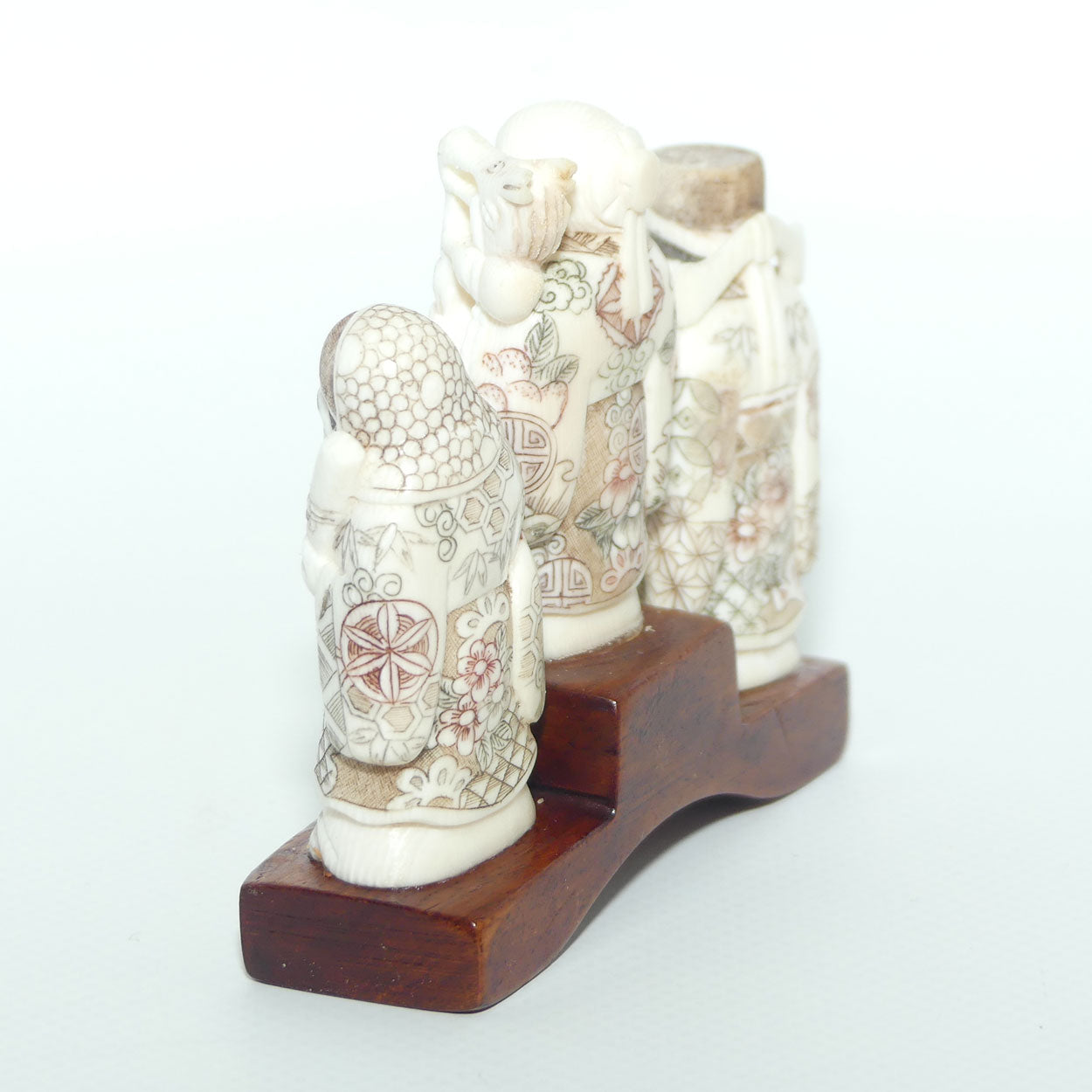 Japanese Carved Ivory Okimono figure on wooden base | Three Dieties | Meiji period | signed