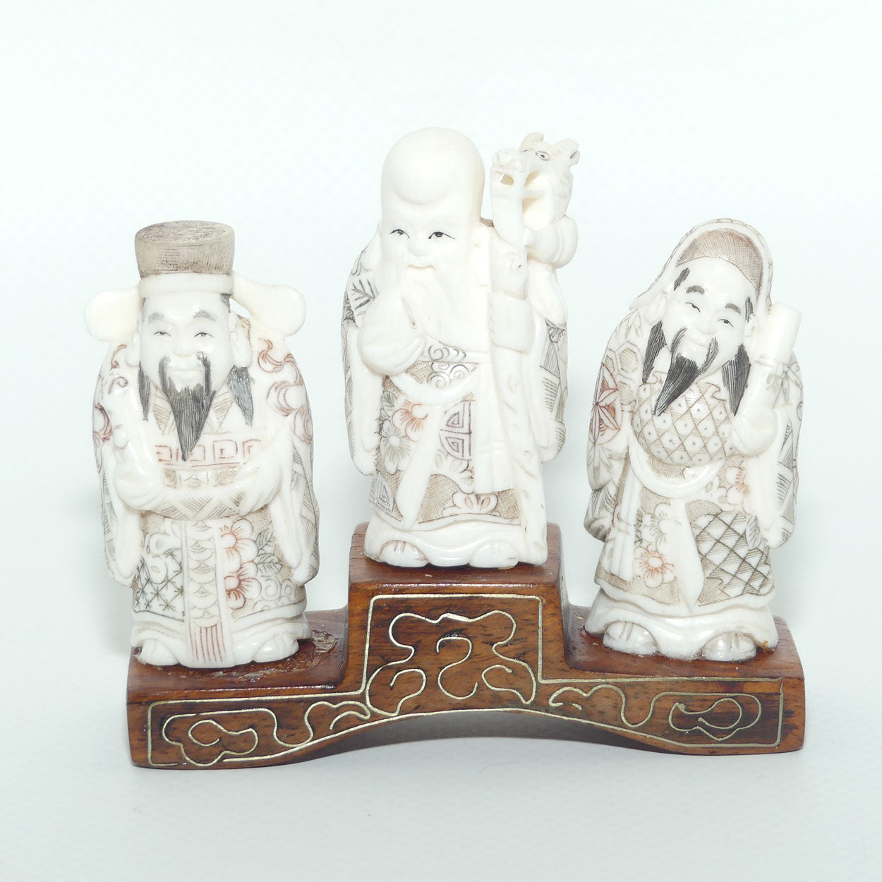 Japanese Carved Ivory Okimono figure on wooden base | Three Dieties | Meiji period | signed