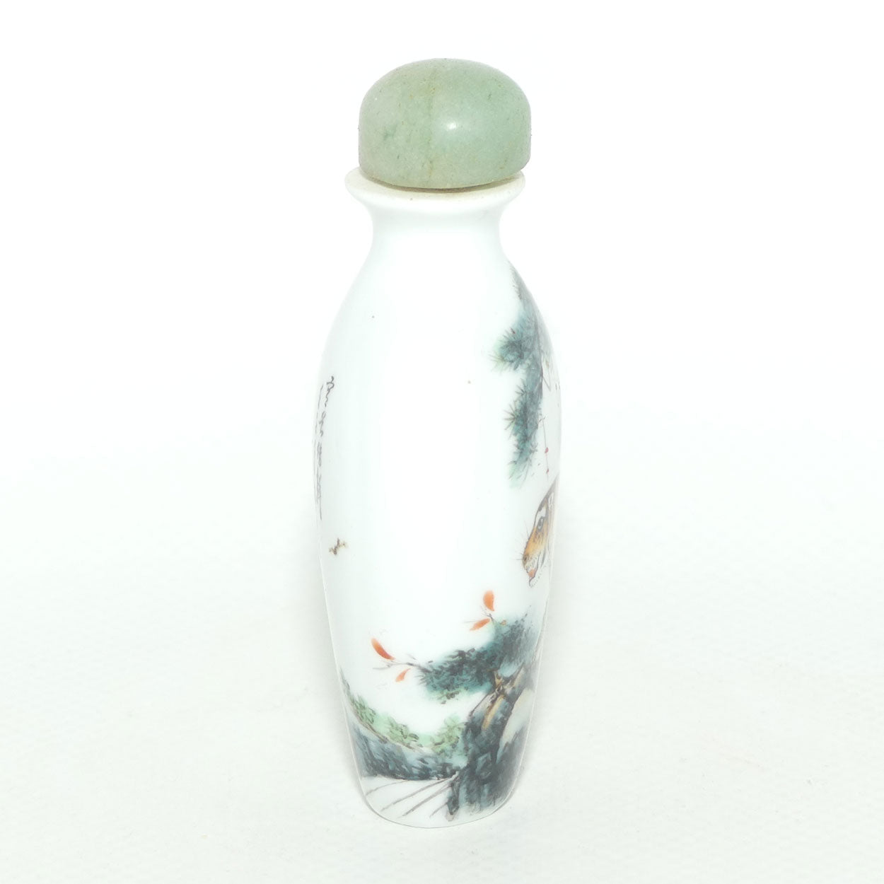 Chinese Snuff bottle | Oval | Tiger on Cliff | Green stopper