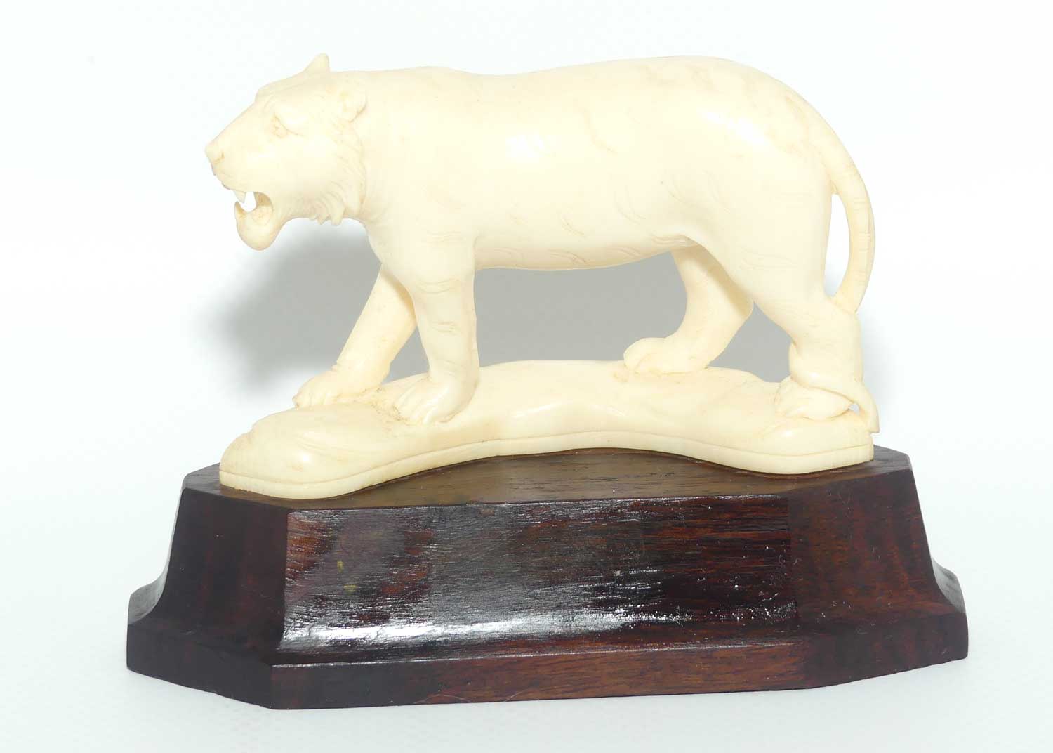Carved Ivory figure of Tiger Stalking on Rosewood Base