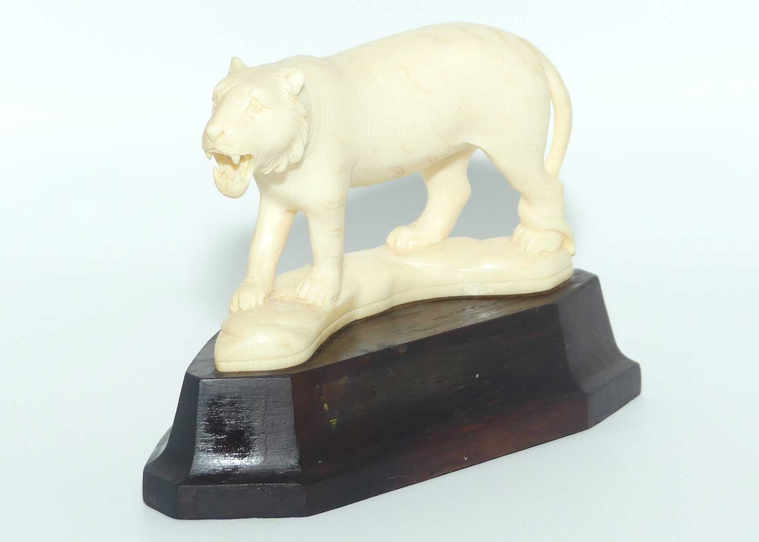 Carved Ivory figure of Tiger Stalking on Rosewood Base