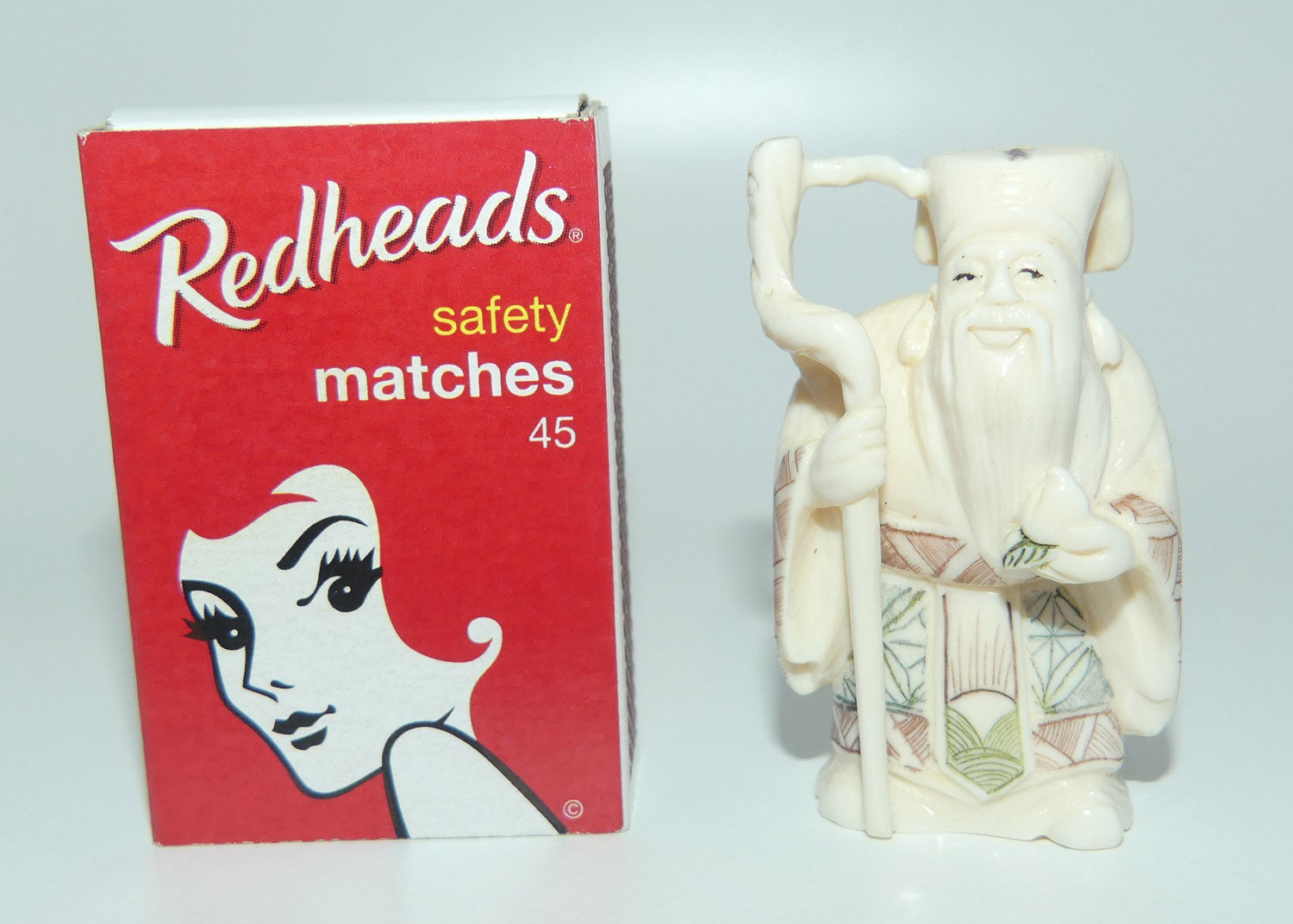 Japanese Carved Ivory Netsuke | Showa era | Man with Beard and Staff | Jurojin