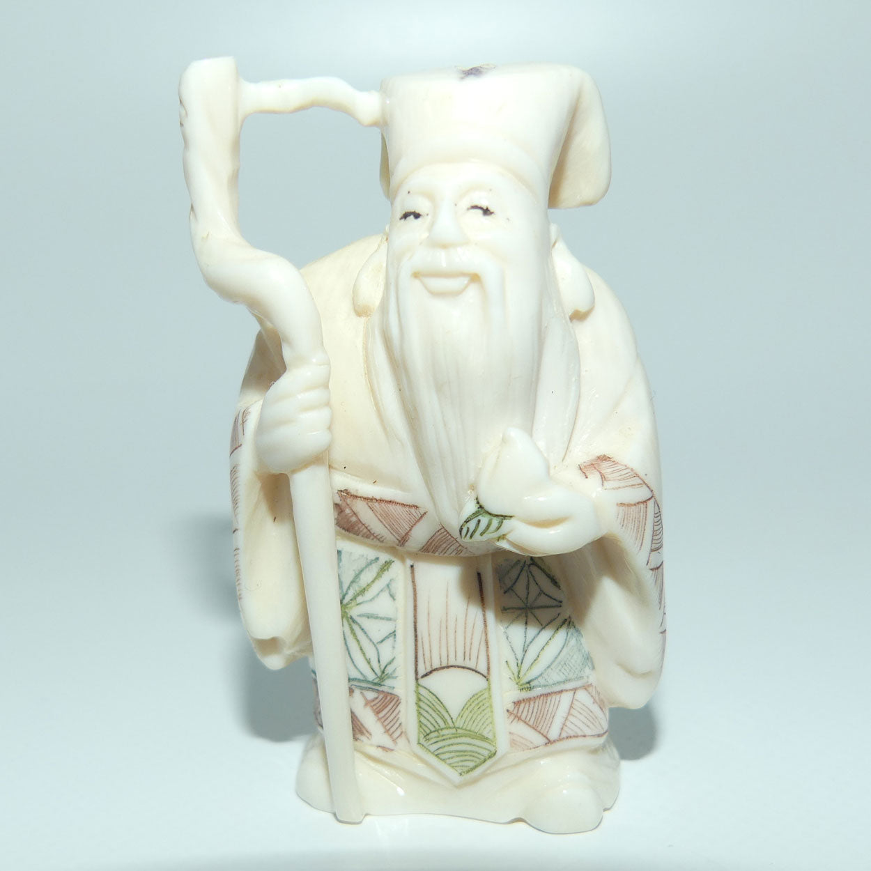 Japanese Carved Ivory Netsuke | Showa era | Man with Beard and Staff | Jurojin