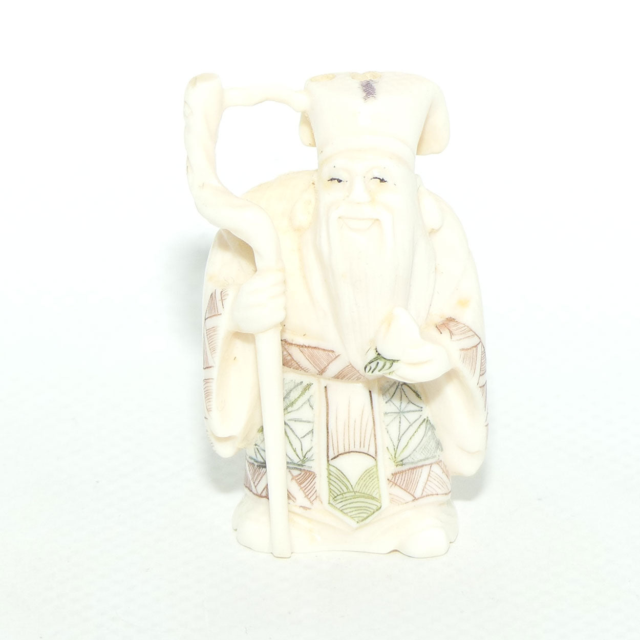 Japanese Carved Ivory Netsuke | Showa era | Man with Beard and Staff | Jurojin