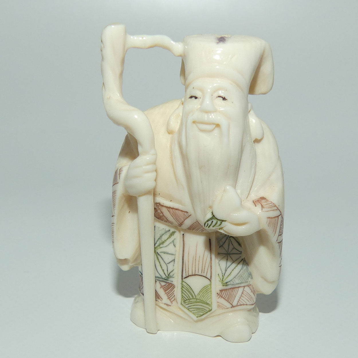 Japanese Carved Ivory Netsuke | Showa era | Man with Beard and Staff | Jurojin
