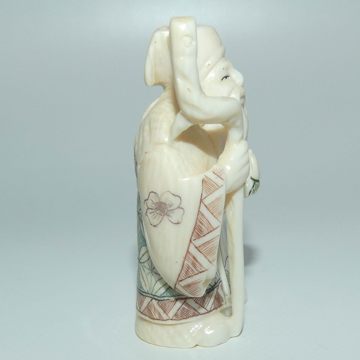 Japanese Carved Ivory Netsuke | Showa era | Man with Beard and Staff | Jurojin
