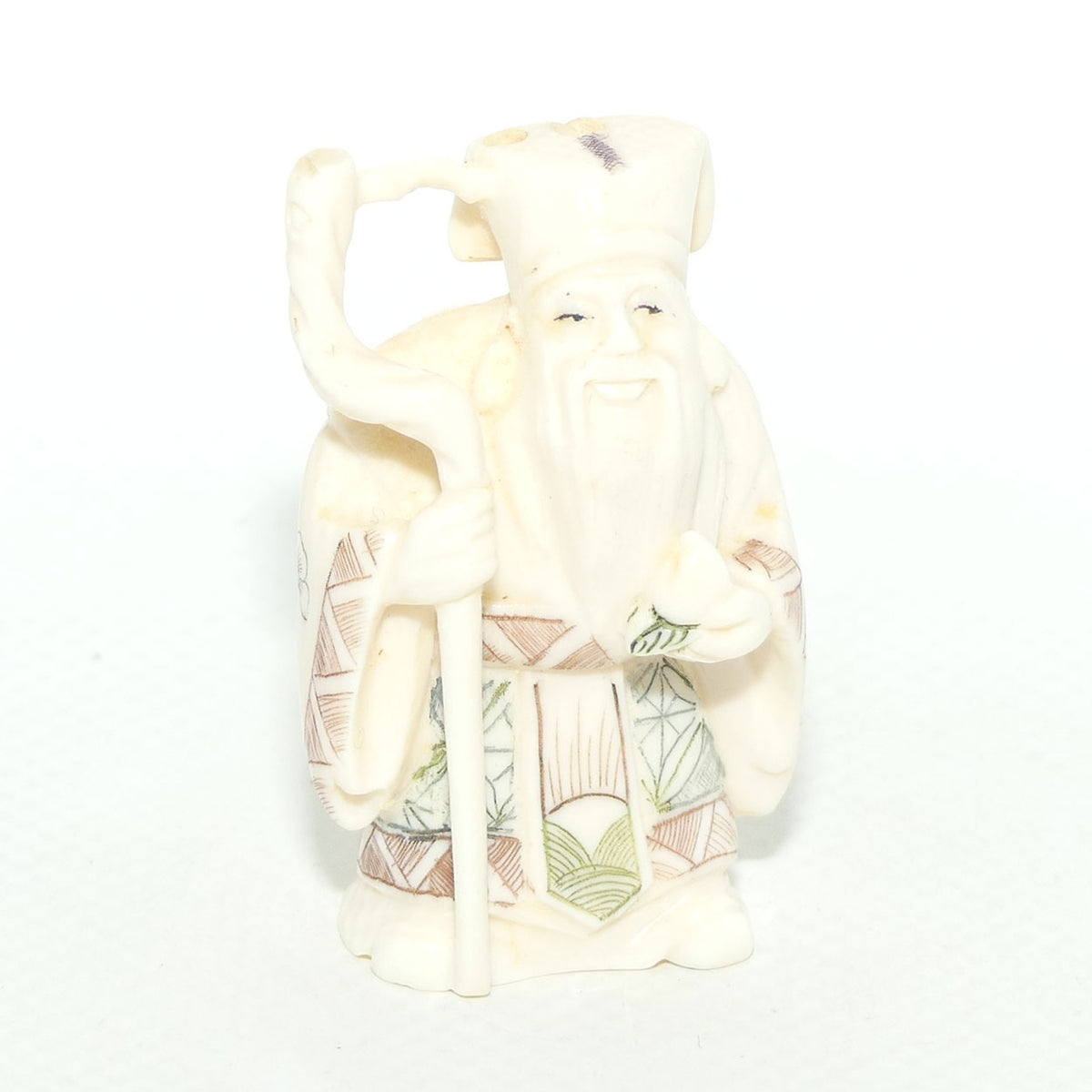 Japanese Carved Ivory Netsuke | Showa era | Man with Beard and Staff | Jurojin