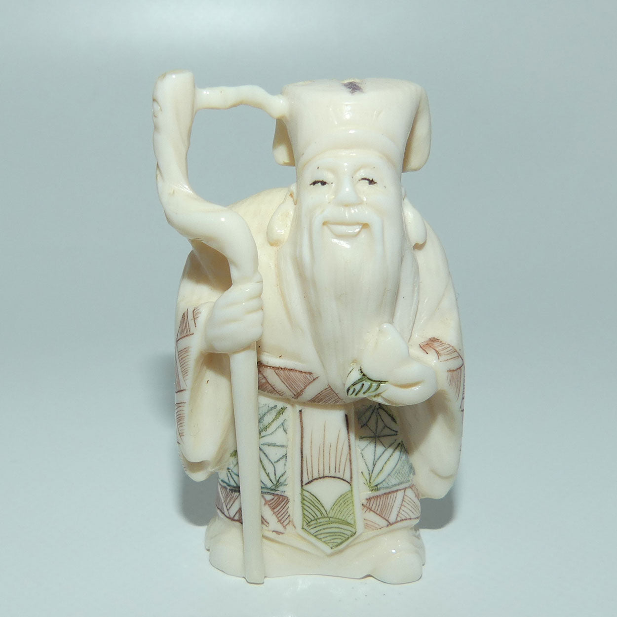 Japanese Carved Ivory Netsuke | Showa era | Man with Beard and Staff | Jurojin