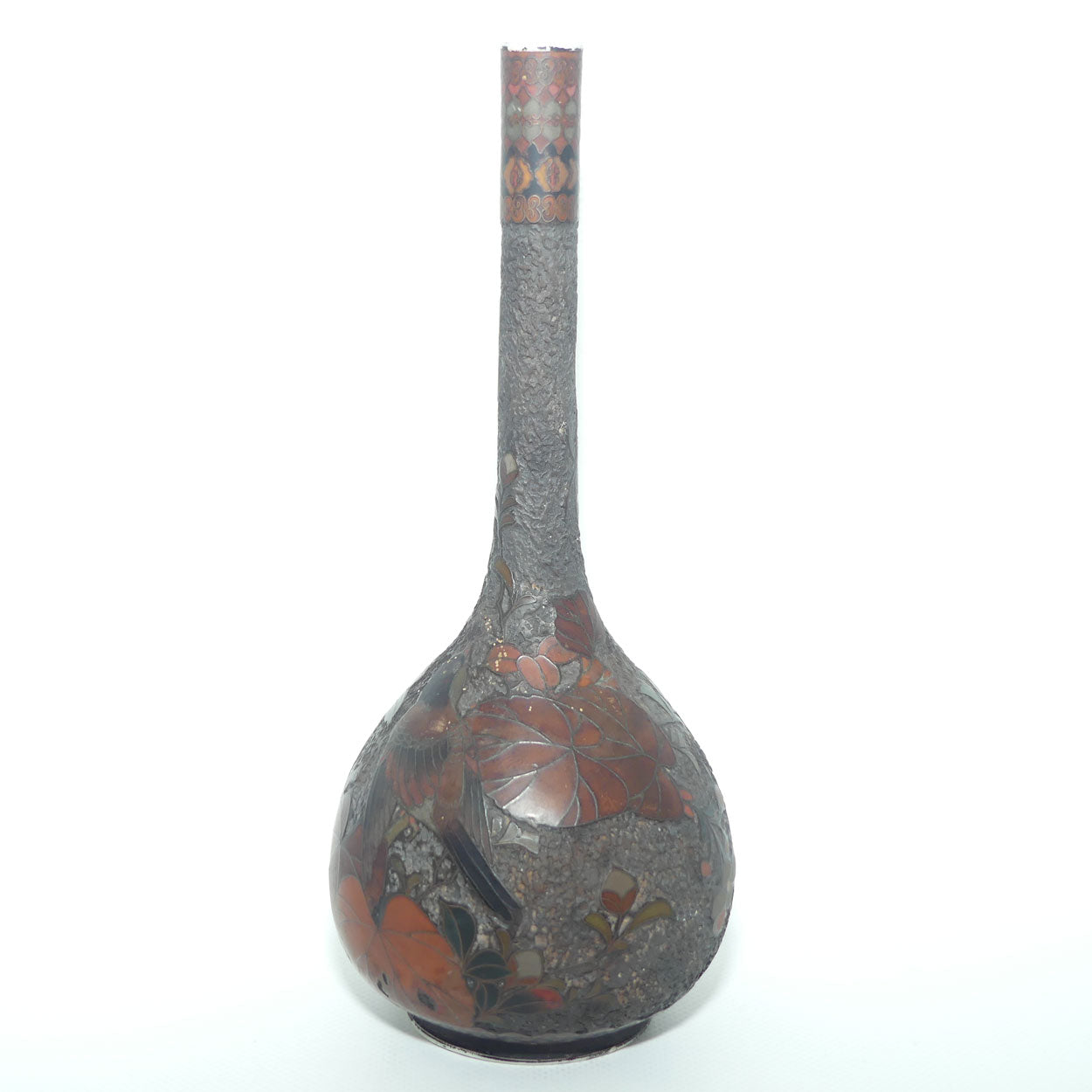 Japanese Totai Shippo | Tree Bark Cloisonne vase with slender neck | Birds and Leaves | Meiji period
