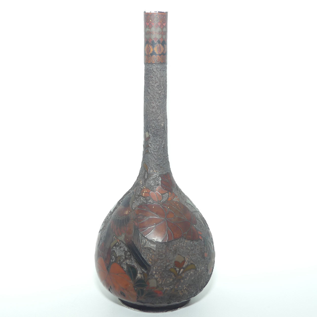 Japanese Totai Shippo | Tree Bark Cloisonne vase with slender neck | Birds and Leaves | Meiji period