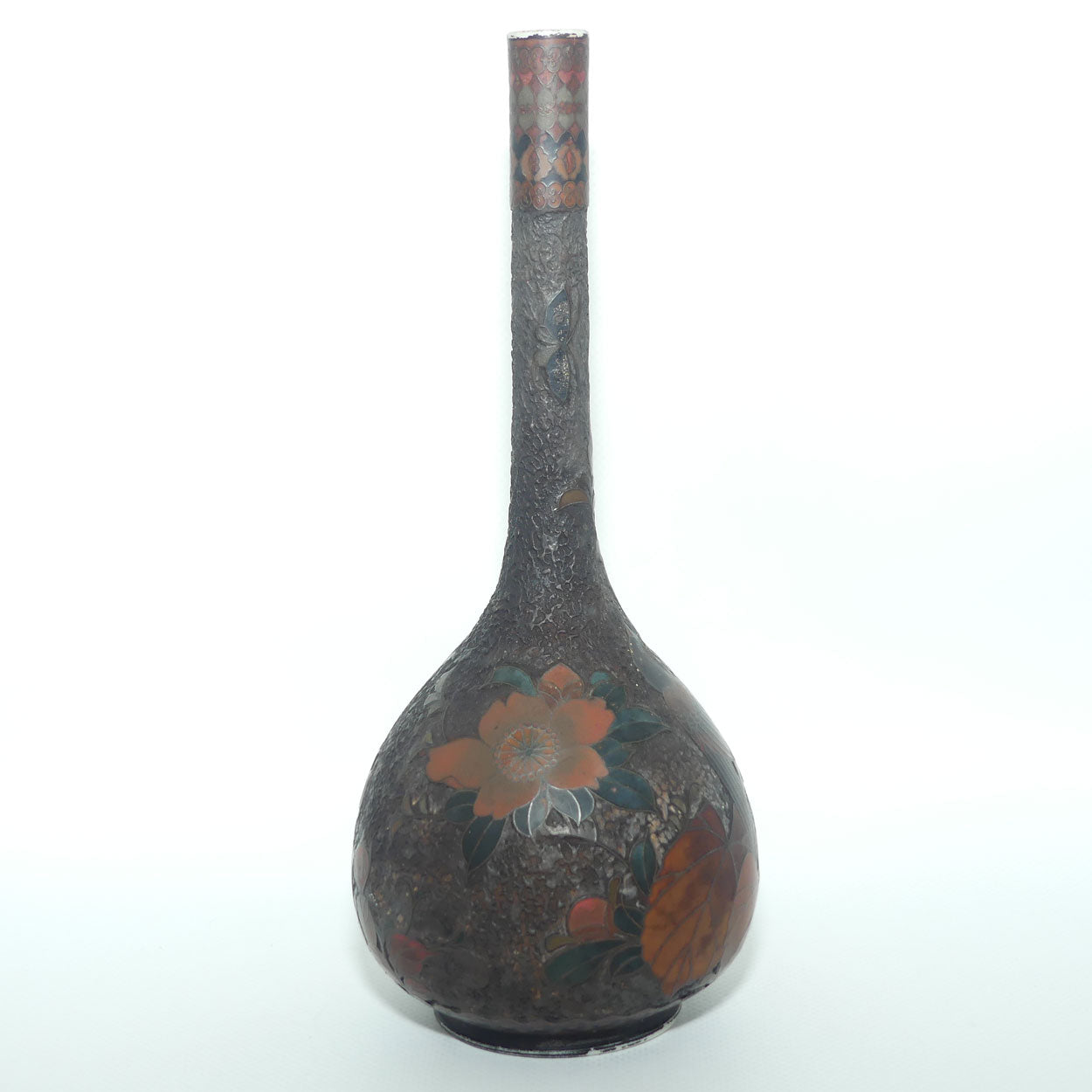Japanese Totai Shippo | Tree Bark Cloisonne vase with slender neck | Birds and Leaves | Meiji period