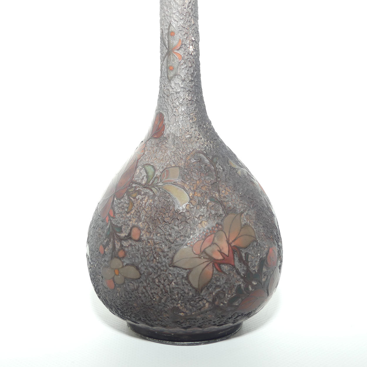 Japanese Totai Shippo | Tree Bark Cloisonne vase with slender neck | Birds and Leaves | Meiji period