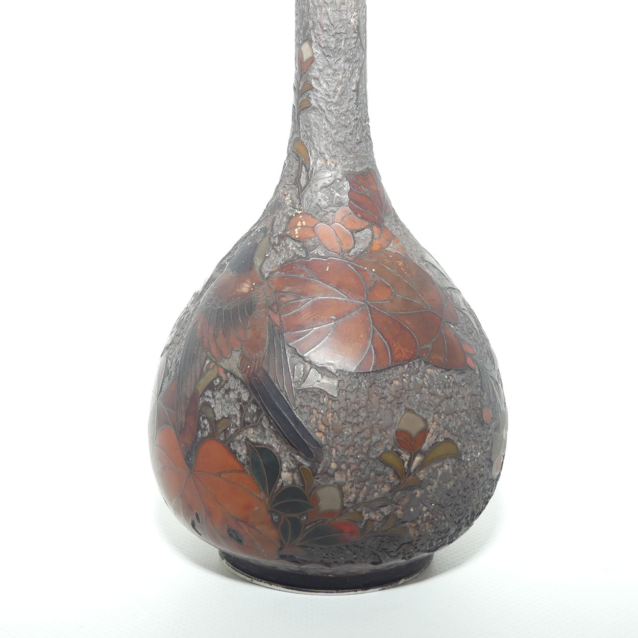 Japanese Totai Shippo | Tree Bark Cloisonne vase with slender neck | Birds and Leaves | Meiji period