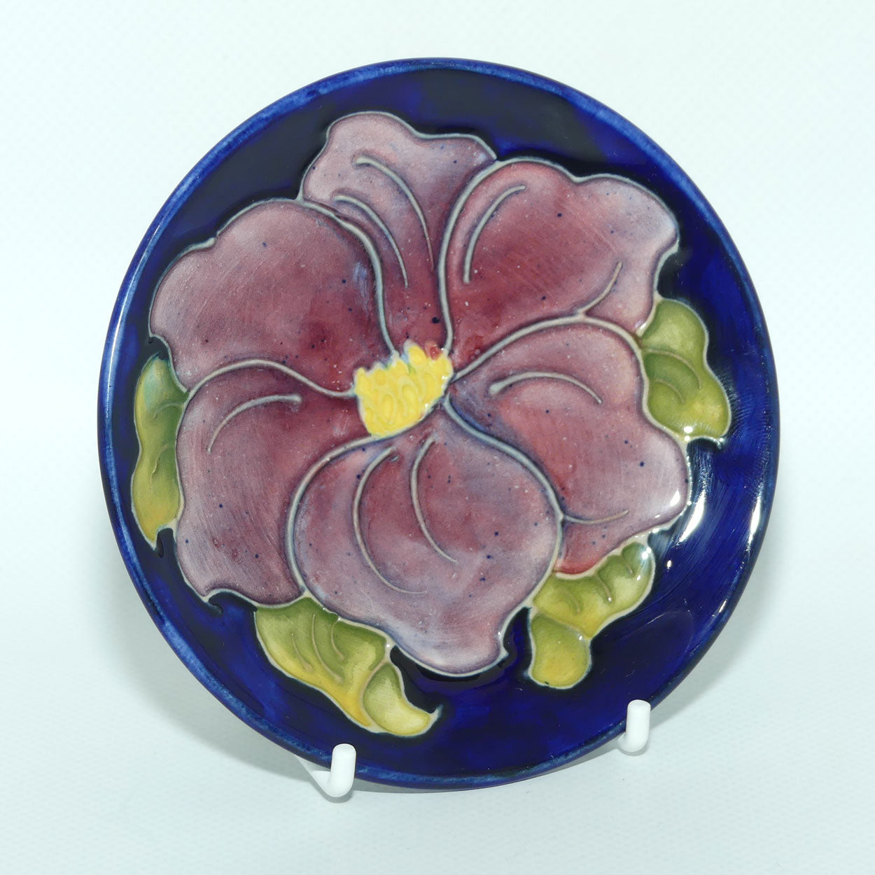 Walter Moorcroft Clematis with Blue ground round tray | Purple Flower | 11.7cm diam