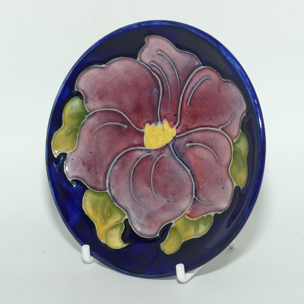 Walter Moorcroft Clematis with Blue ground round tray | Purple Flower | 11.7cm diam