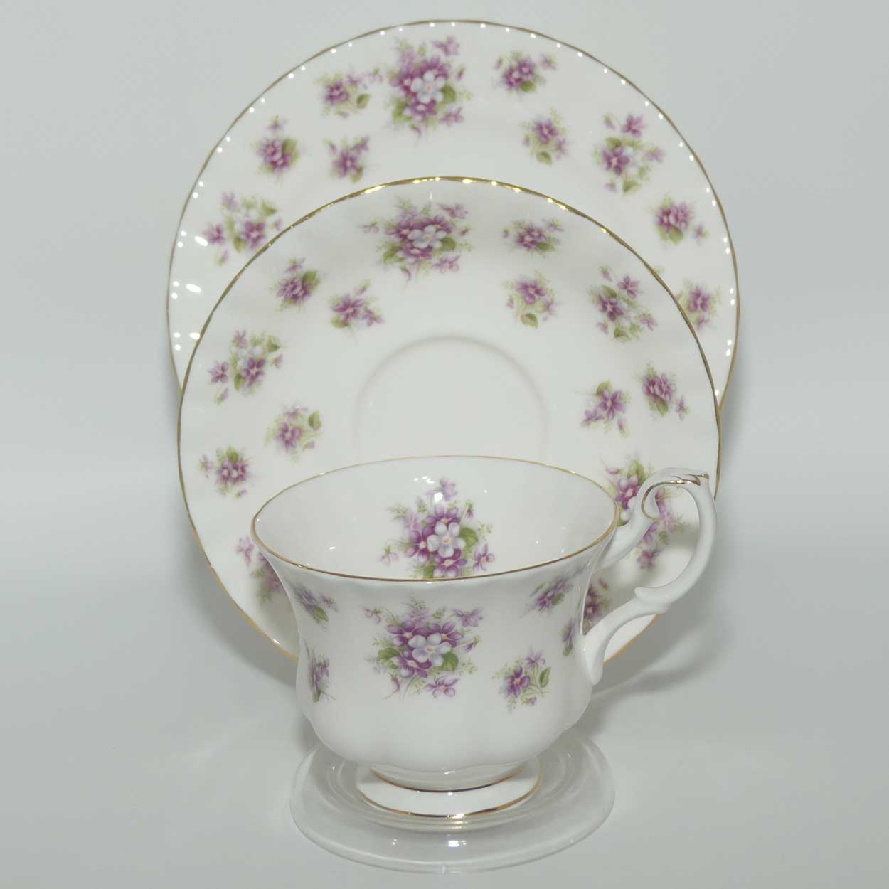 Royal Albert Bone China England Sweet Violets trio | © 1966 Royal Albert Ltd backstamp