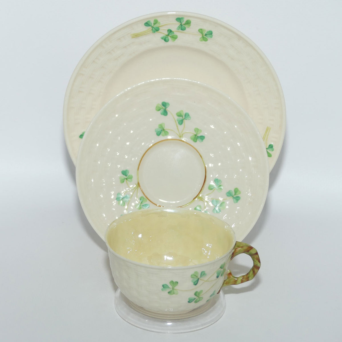 Belleek Shamrock Basket Weave trio | 2nd Green mark