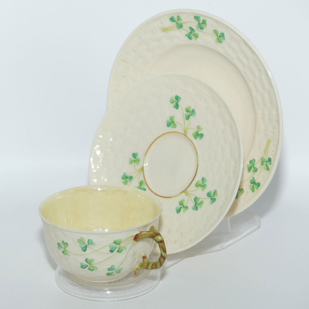 Belleek Shamrock Basket Weave trio | 2nd Green mark