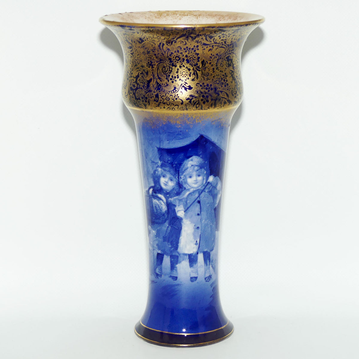 Royal Doulton Blue Children Gilt Band Trumpet vase
