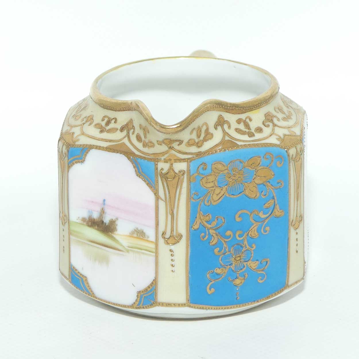 early Noritake Hand Painted and Gilt decorated Blue ground milk and sugar | Hexagonal shape | Lake Scene