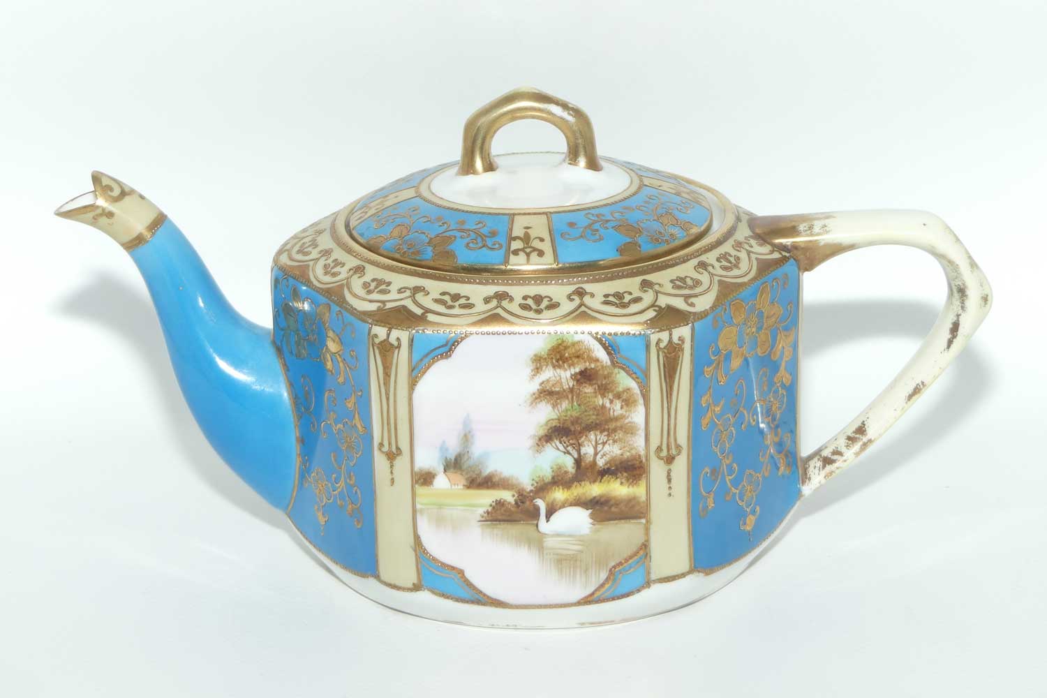 early Noritake Hand Painted and Gilt decorated Turquoise ground tea pot | Hexagonal shape | Lake Scene