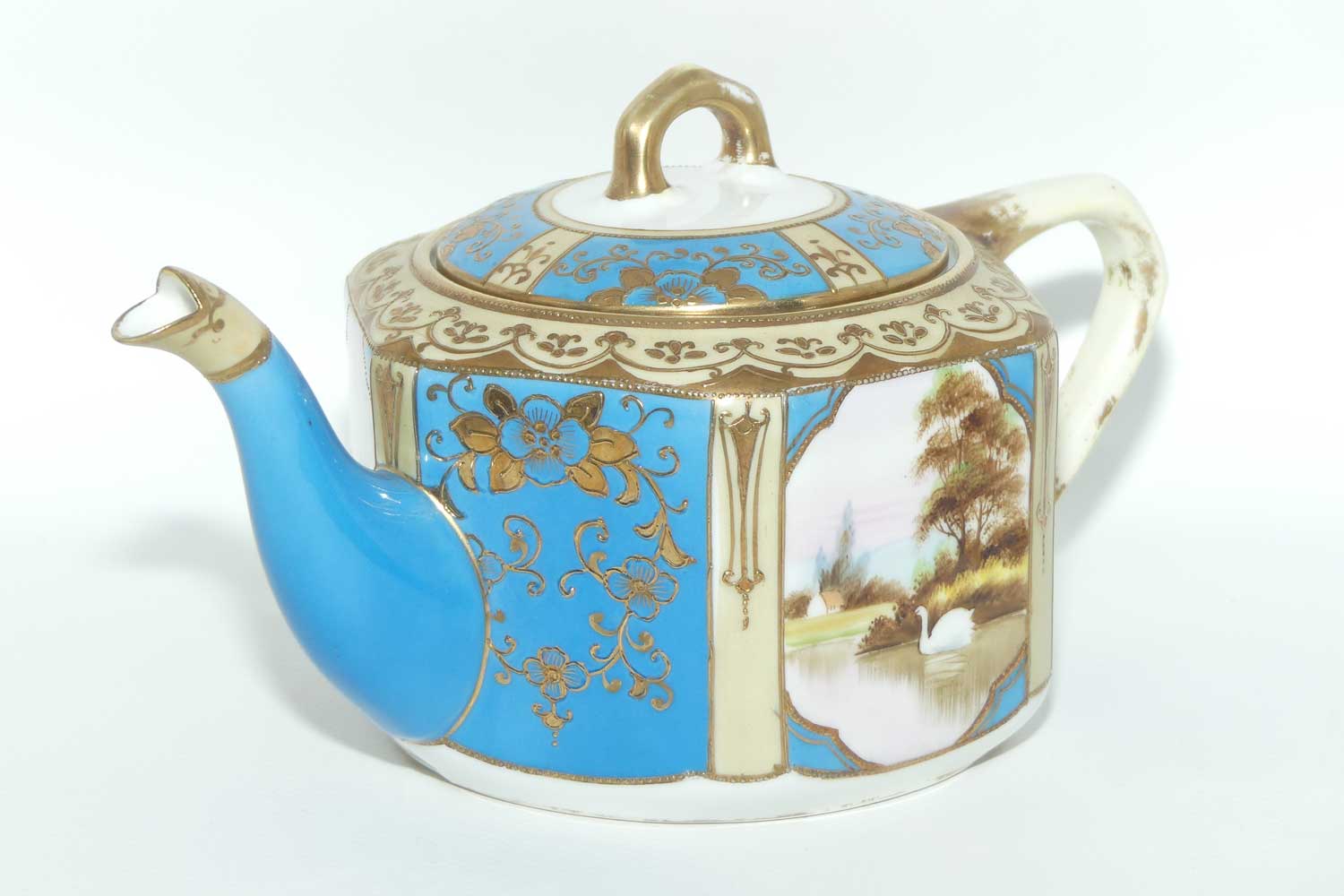 early Noritake Hand Painted and Gilt decorated Turquoise ground tea pot | Hexagonal shape | Lake Scene