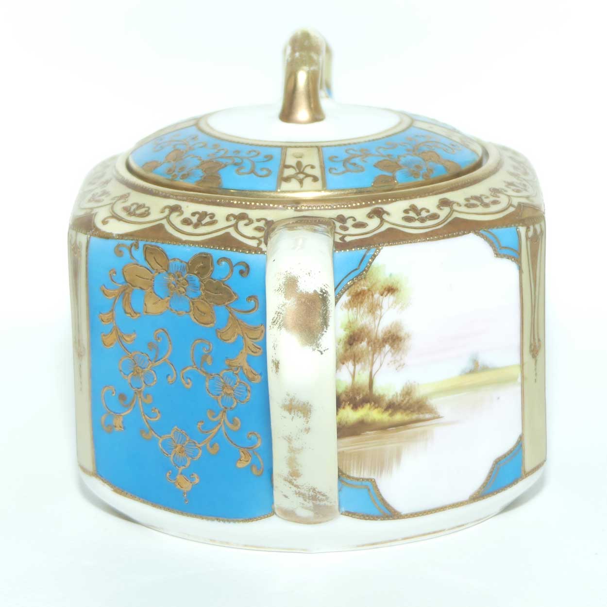 early Noritake Hand Painted and Gilt decorated Turquoise ground tea pot | Hexagonal shape | Lake Scene