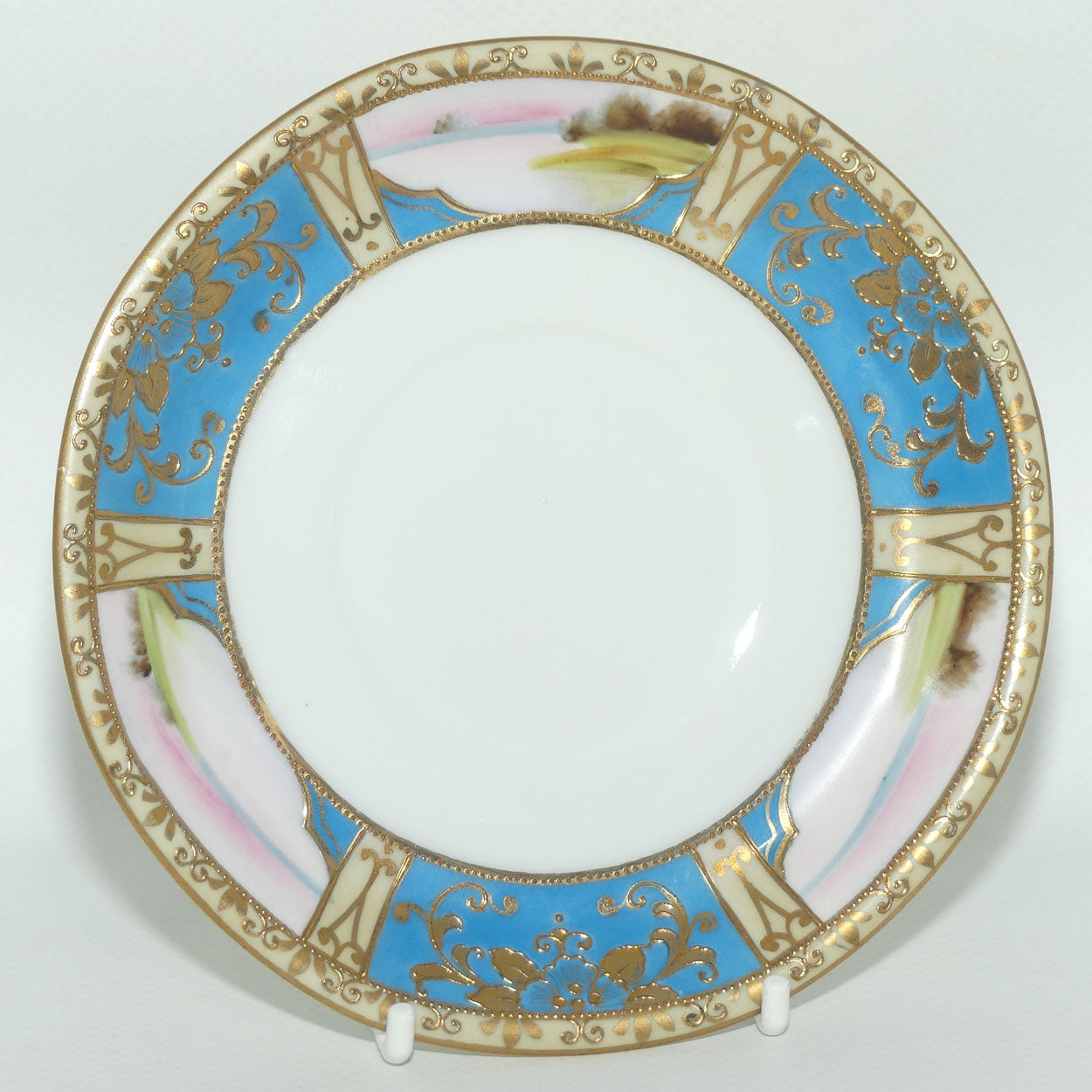 Early Noritake Hand Painted and Gilt decorated Blue ground tea trio | #1 | Lake Scene