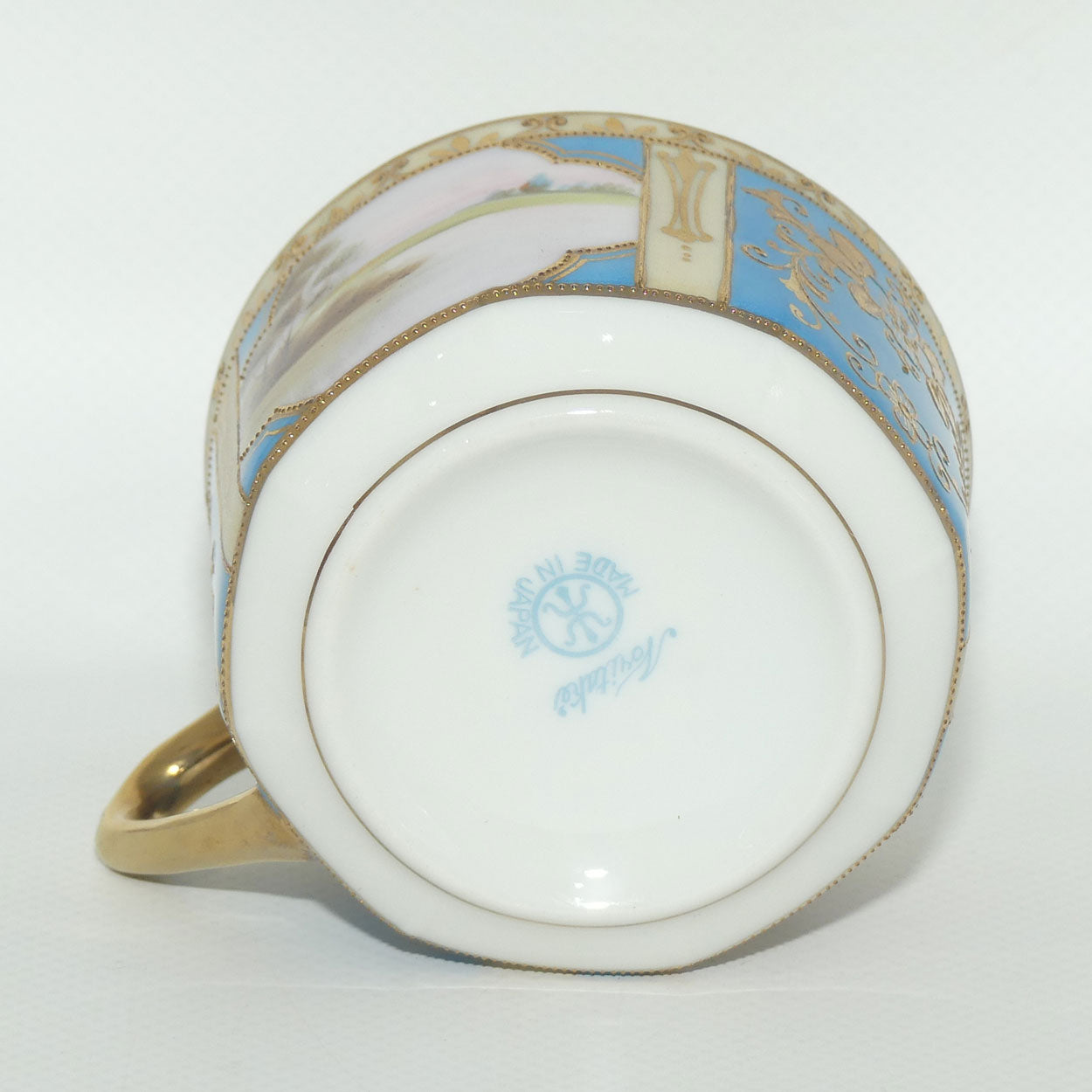 Early Noritake Hand Painted and Gilt decorated Blue ground tea trio | #2 | Lake Scene