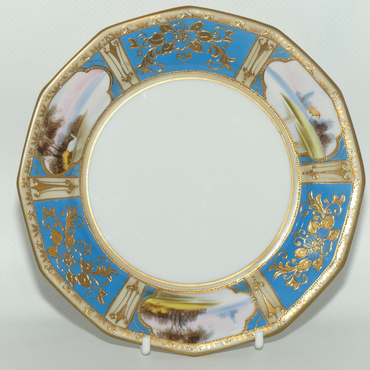 Early Noritake Hand Painted and Gilt decorated Blue ground tea trio | #2 | Lake Scene