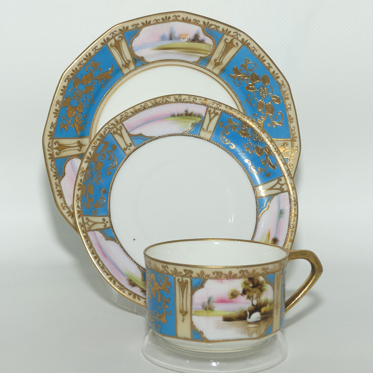 Early Noritake Hand Painted and Gilt decorated Blue ground tea trio | #4 | Lake Scene