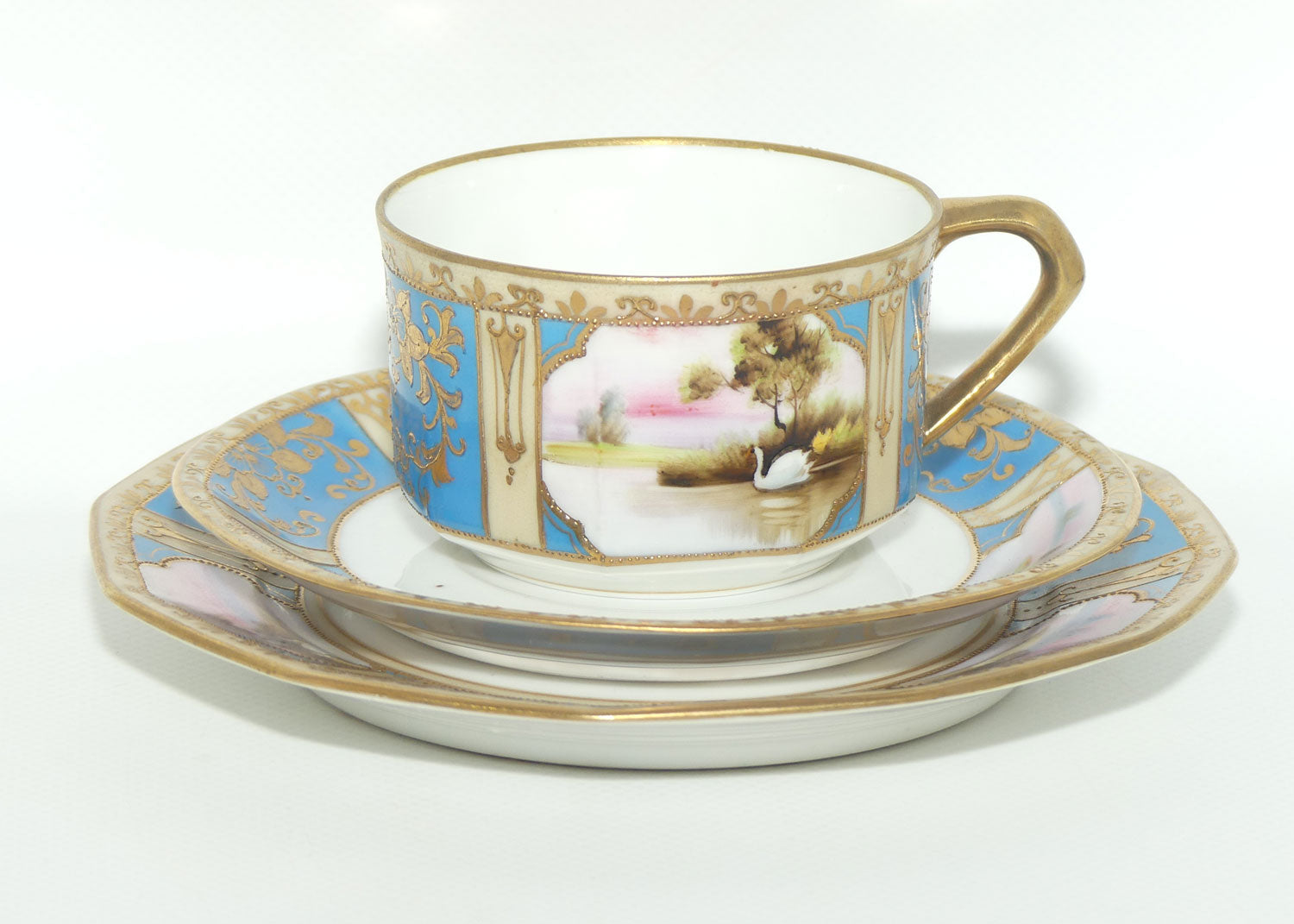 Early Noritake Hand Painted and Gilt decorated Blue ground tea trio | #4 | Lake Scene