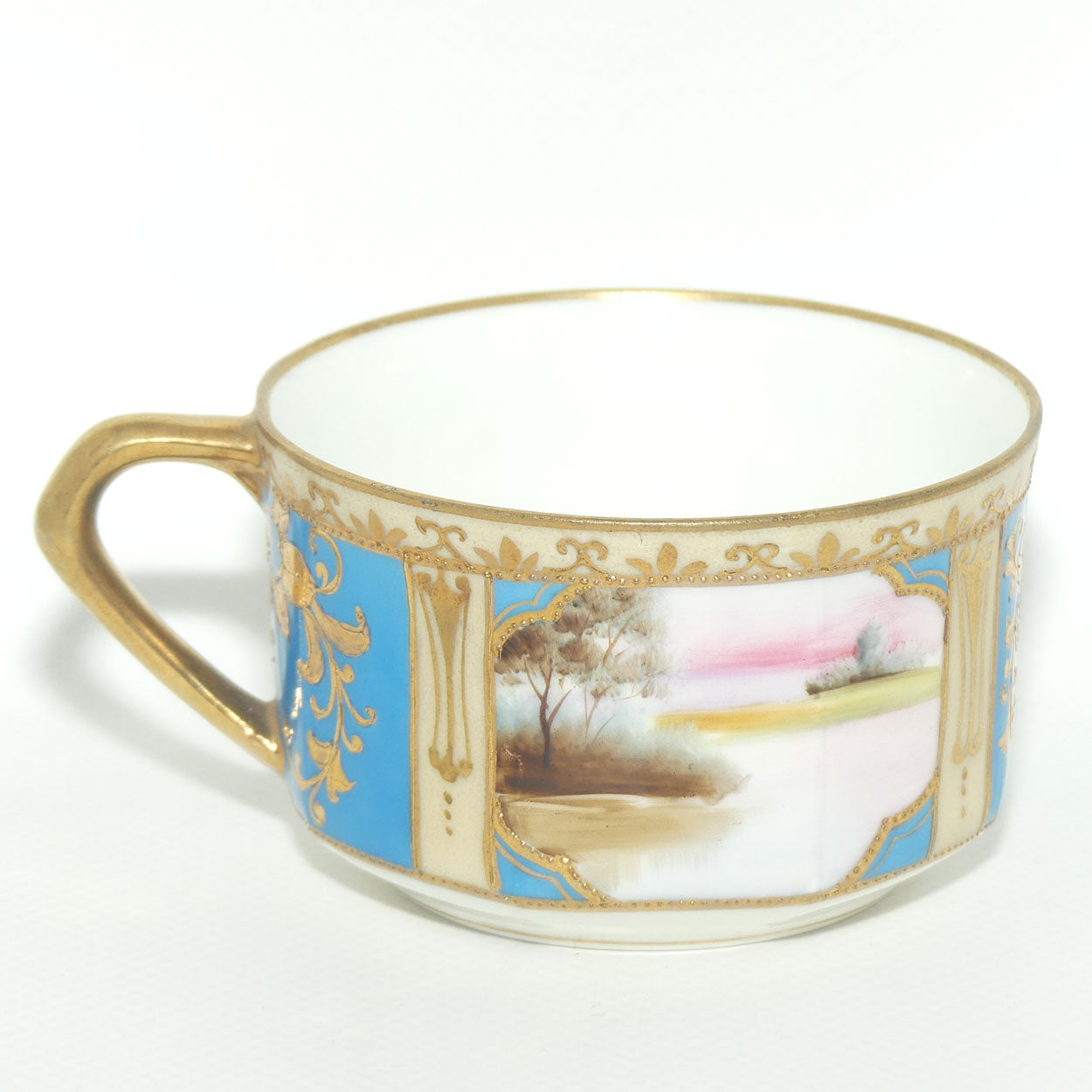 Early Noritake Hand Painted and Gilt decorated Blue ground tea trio | #4 | Lake Scene